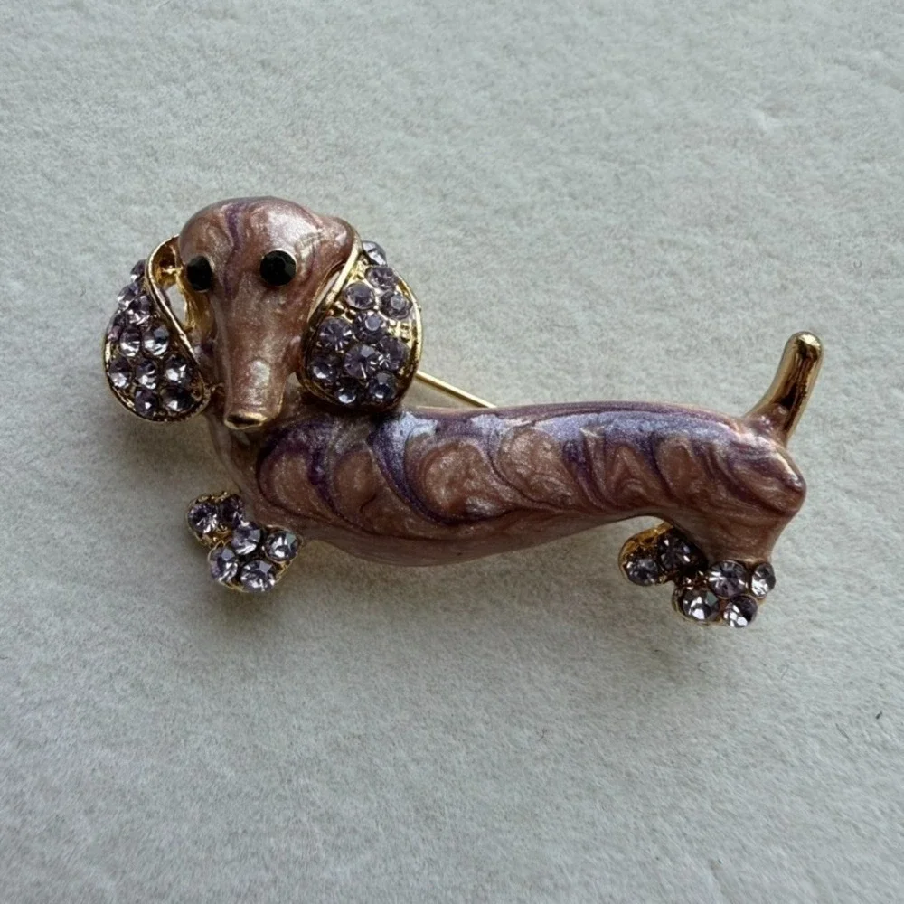 Dachshund Dog Brooch Brown Pink Enamel Purple Rhinestone Gold Tone Wiener Pin